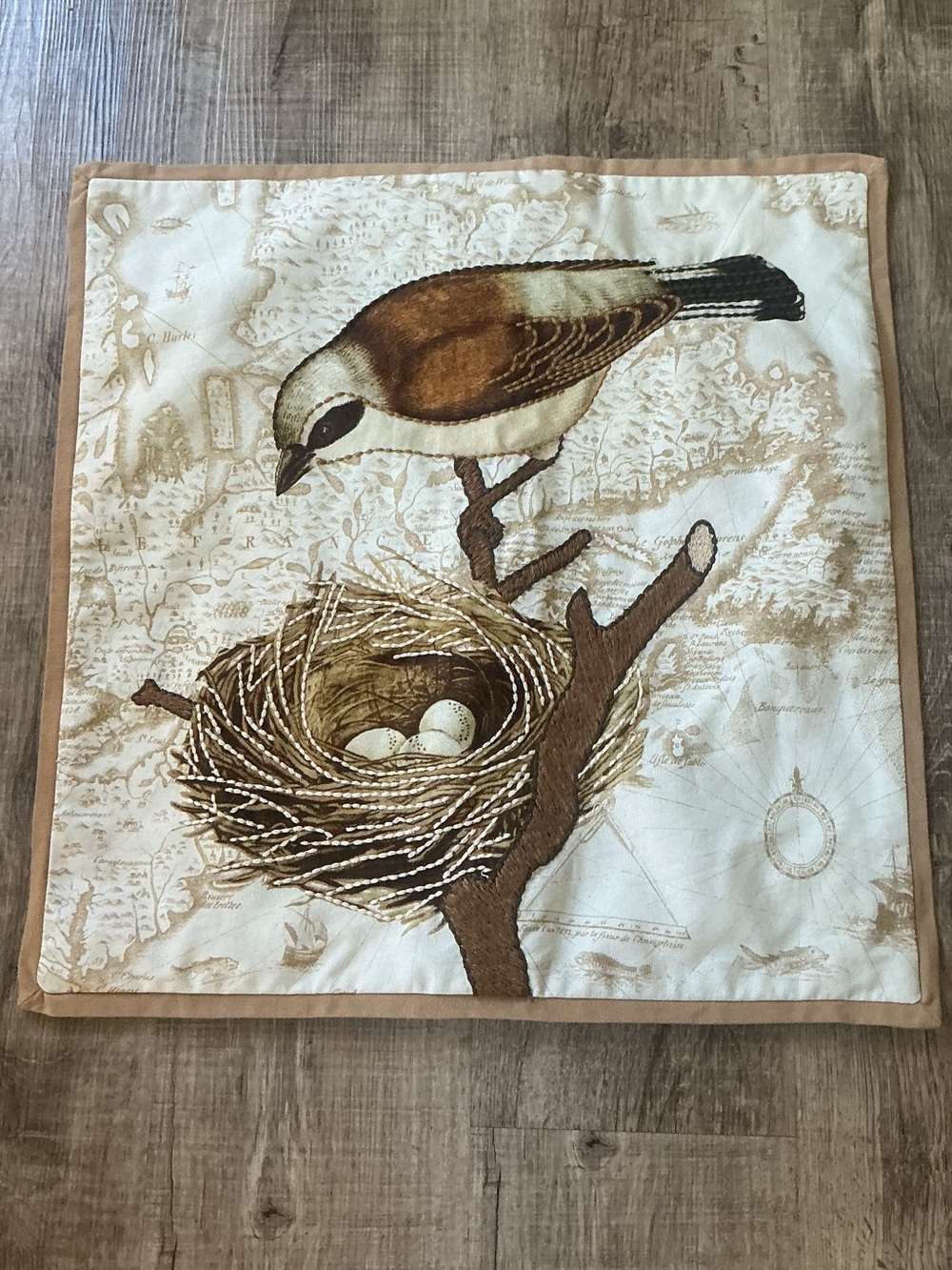 Pottery barn bird & Nest Decorative embroidered throwPillow Cover Neutral Browns